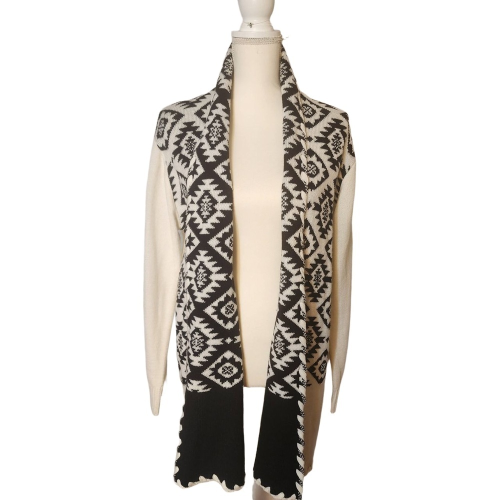 Sabrina Lauren Black Aztec Pattern Open Front Medium Cardigan Womens‎ Size M